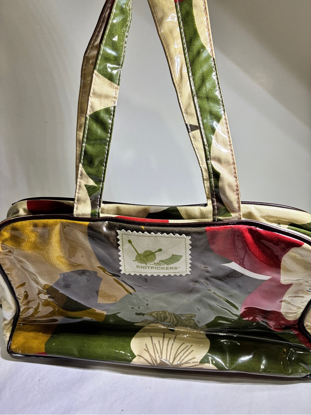 KnitPickers Tote Hand Bag Travel Organizing Knitting Bag Green Tan Floral Canvas